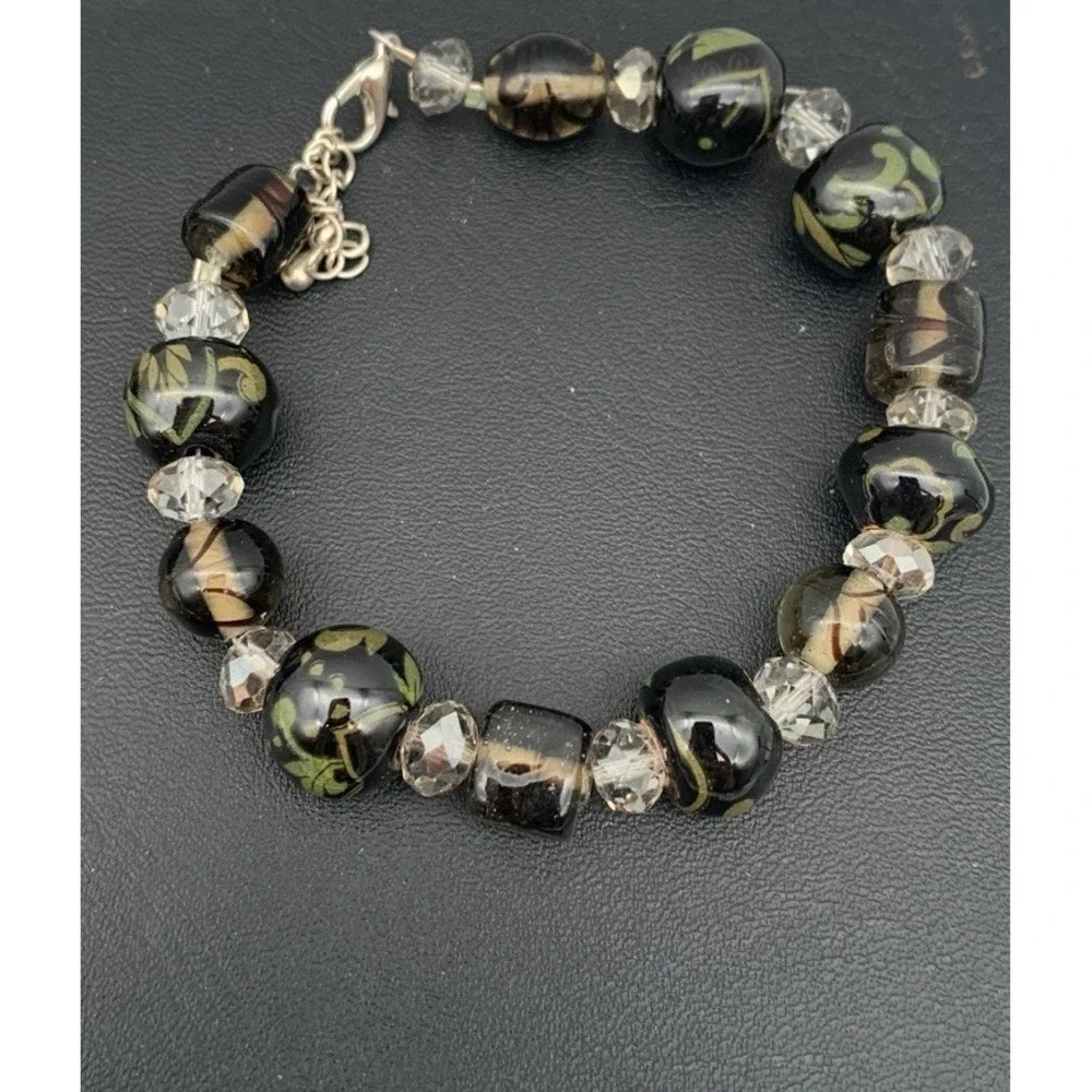 Smokey Gray And Green Art Glass And Faceted Beaded Bracelet